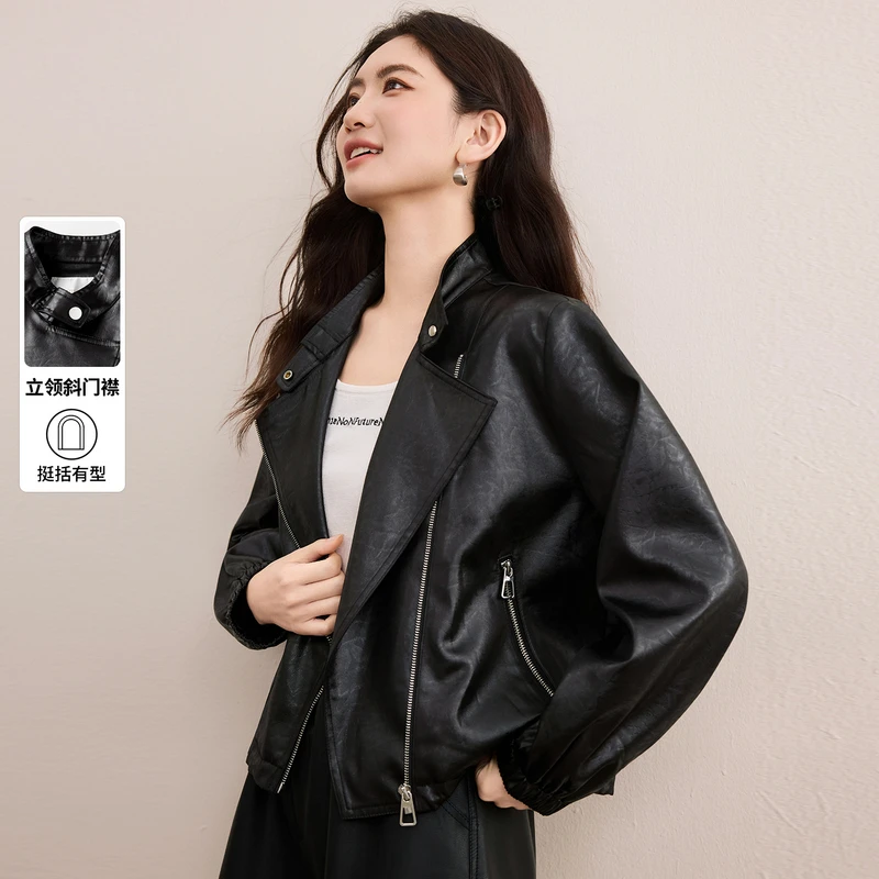 尚都比拉气质立领金属拉链不对称口袋下摆抽绳宽松长袖外套B3541