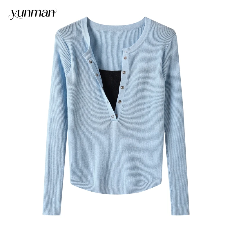 剪刀领假两件长袖针织衫女2025早秋新款修身显瘦内搭打底衫女上衣