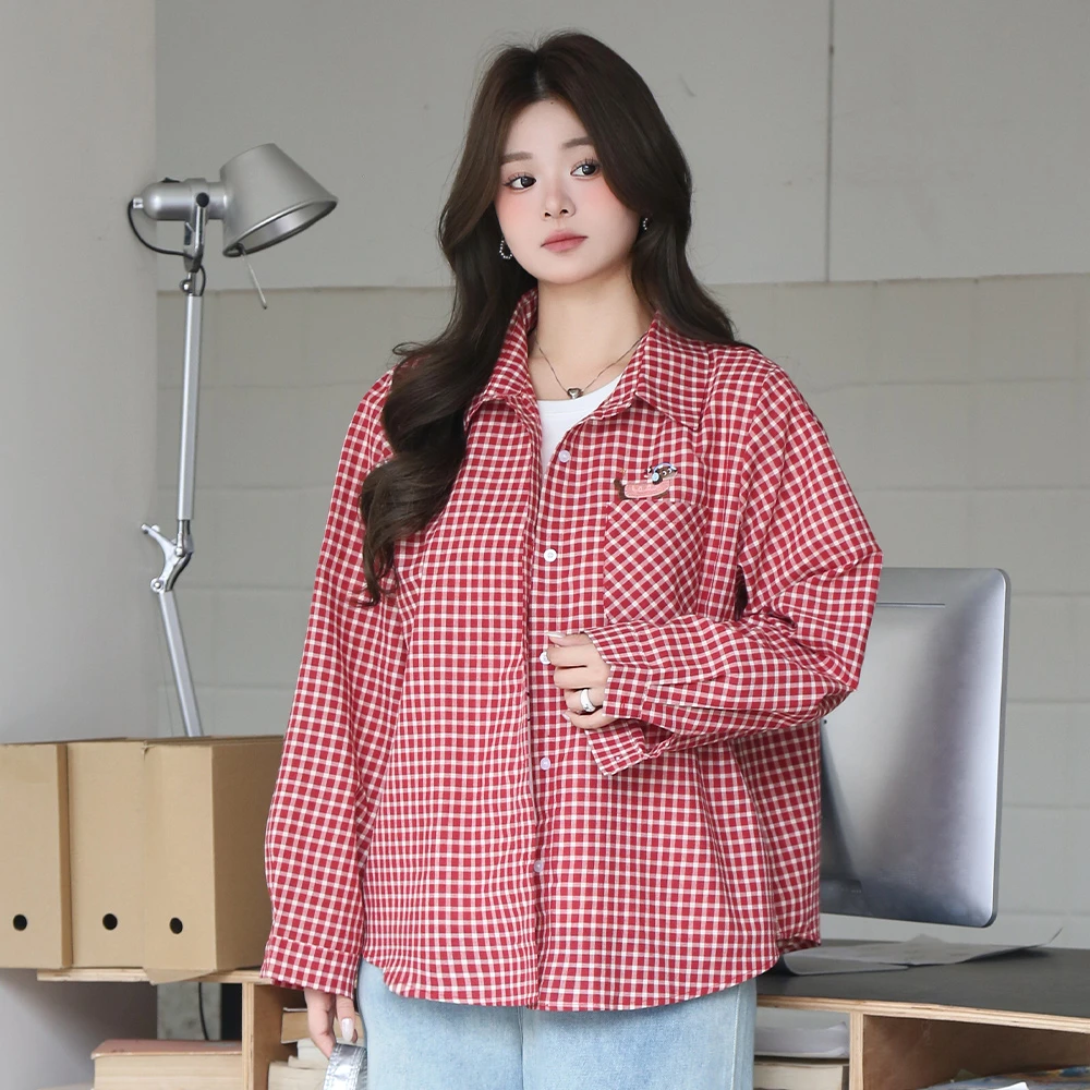 大码女装春季新款复古红格子衬衫长袖休闲宽松  5576