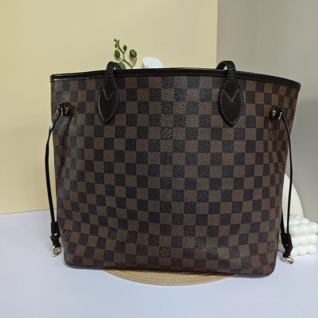 90新 LouisVuitton/路易威登 棕色棋盘格Neverfull中号手提购物袋