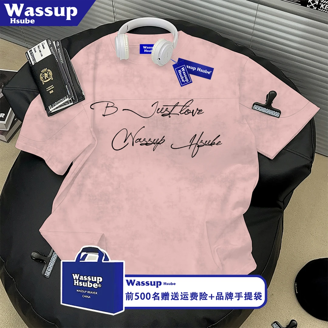 WASSUP HSUBE美式印花短袖T恤艺术字母夏季男女宽松扎染纯棉半袖