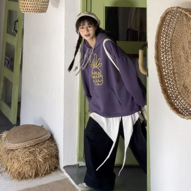秋冬新款卡通菠萝印花连帽宽松版卫衣9566款