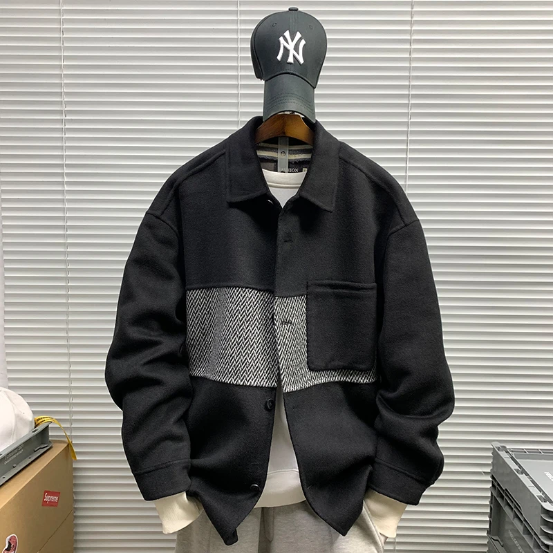 秋冬新款高品质撞色翻领时尚韩版羊毛呢子夹克男休闲宽松潮流外套