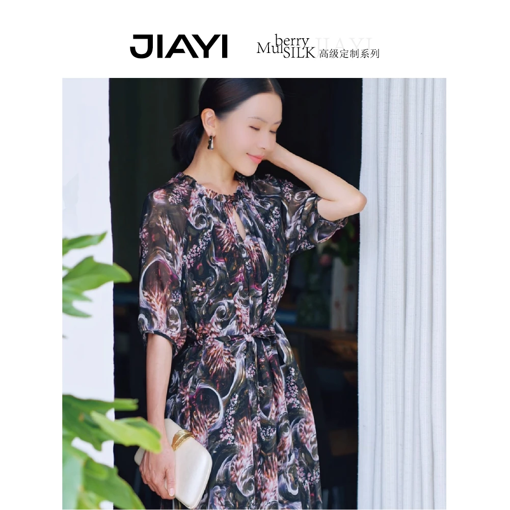 JIAYI【万人迷】4D印花桑蚕丝碎花连衣裙JYL37321