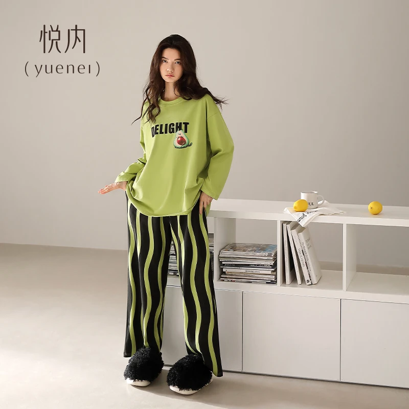悦内睡衣女春秋季秋款纯棉长袖长裤家居服圆领套头牛油果绿可外穿
