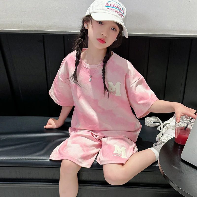 女童夏季宽松短袖短裤两件套2025新款甜美休闲夏装中大童运动套装