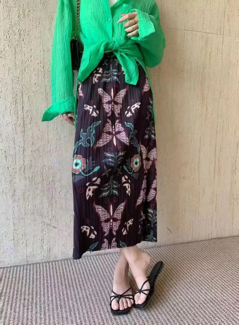 三宅a字裙 小众设计感褶皱裙女夏高腰印花显瘦公主裙百褶裙半身裙