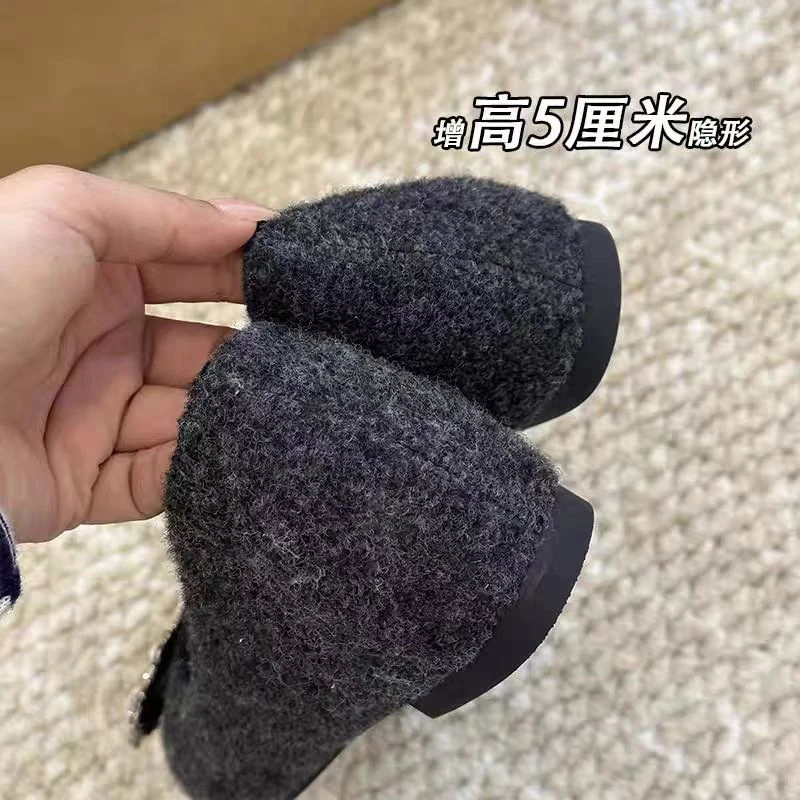 爆款·内增高5cm韩系小众方头单鞋时尚秋冬百搭水钻外穿加绒毛毛鞋