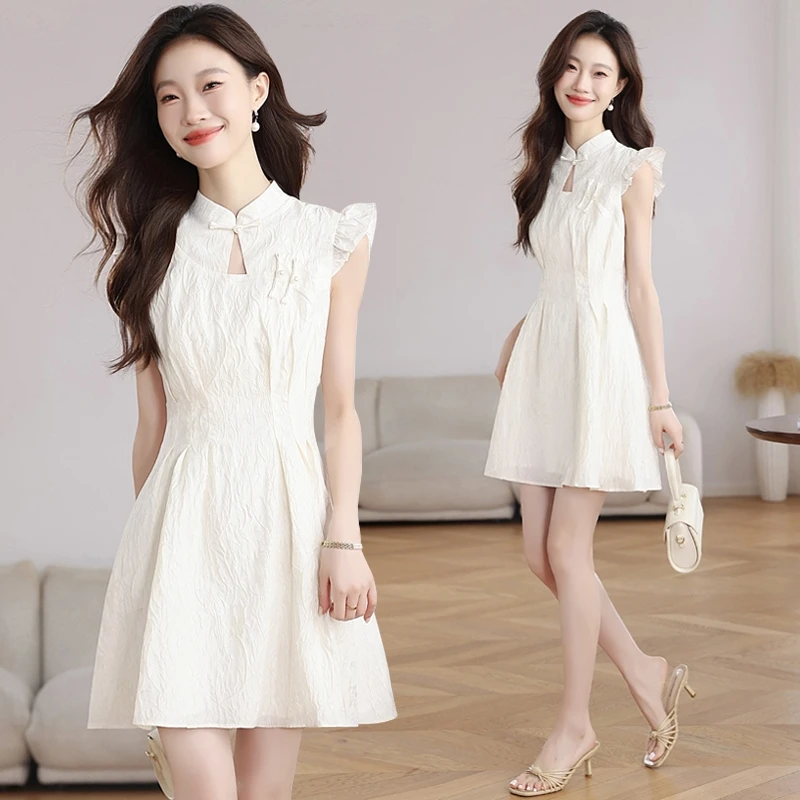 实拍【一梦清欢】新中式国风气质小飞袖收腰改良旗袍夏季白色连衣裙