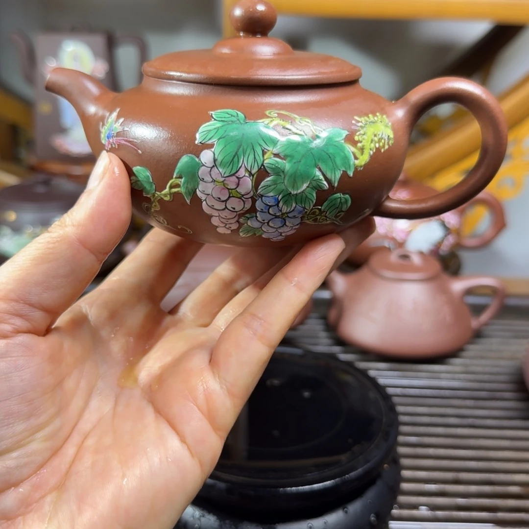 茶杯底槽青手绘葡萄
