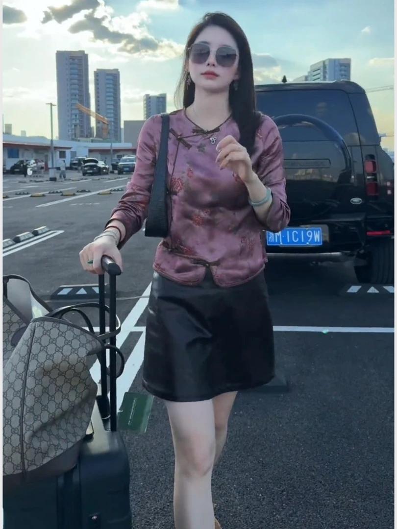 改良新中式盘扣九分袖衬衫2025年初秋新款国风紫色提花超好看上衣