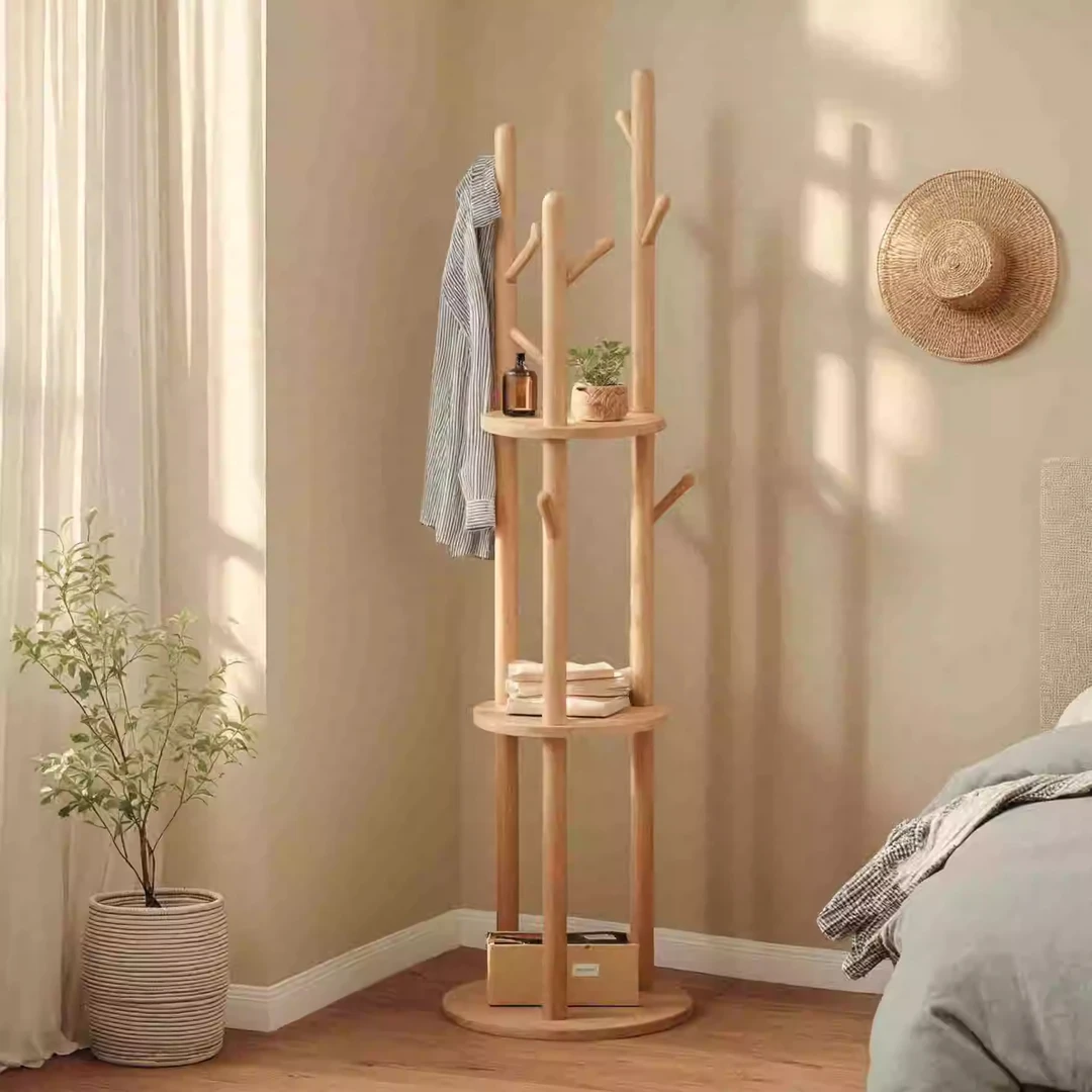 实木旋转挂衣架置物架落地家用卧室客厅室内多功能组装木质衣帽架