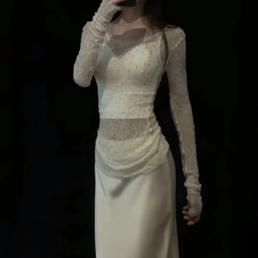 法式白色闪闪长袖蕾丝衫女2025春季新款显瘦显瘦内搭半身裙套装女