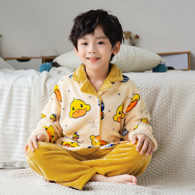 秋冬季儿童加绒保暖宝宝珊瑚绒睡衣男童女孩加厚法兰绒家居服套装