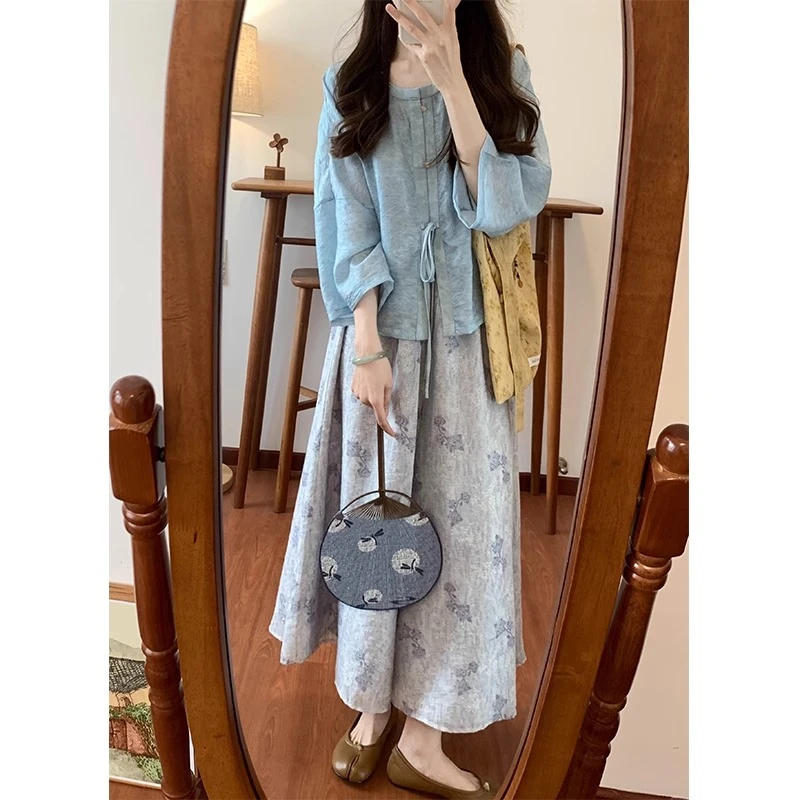 2025夏季新款新中式松弛感蓝色衬衫上衣搭配半身裙气质两件套装女