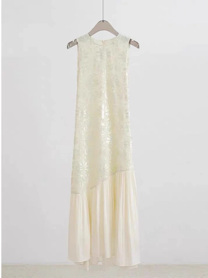 法式 白色蕾丝拼接不规则下摆无袖连衣裙女夏季MUZI2022006189
