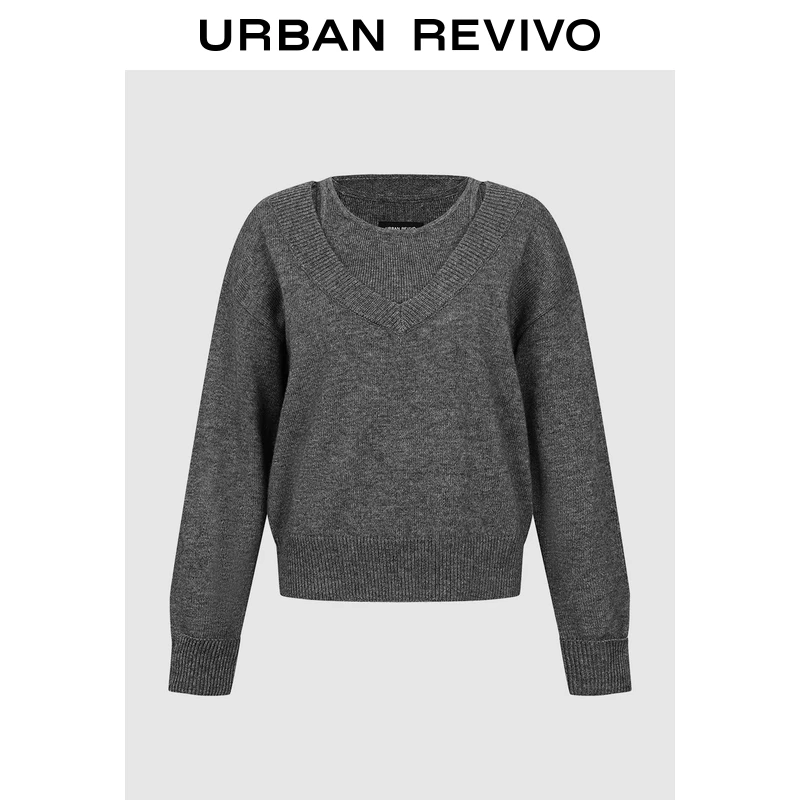 UR2025秋季新款女装格雷系假两件针织衫UWU950036+