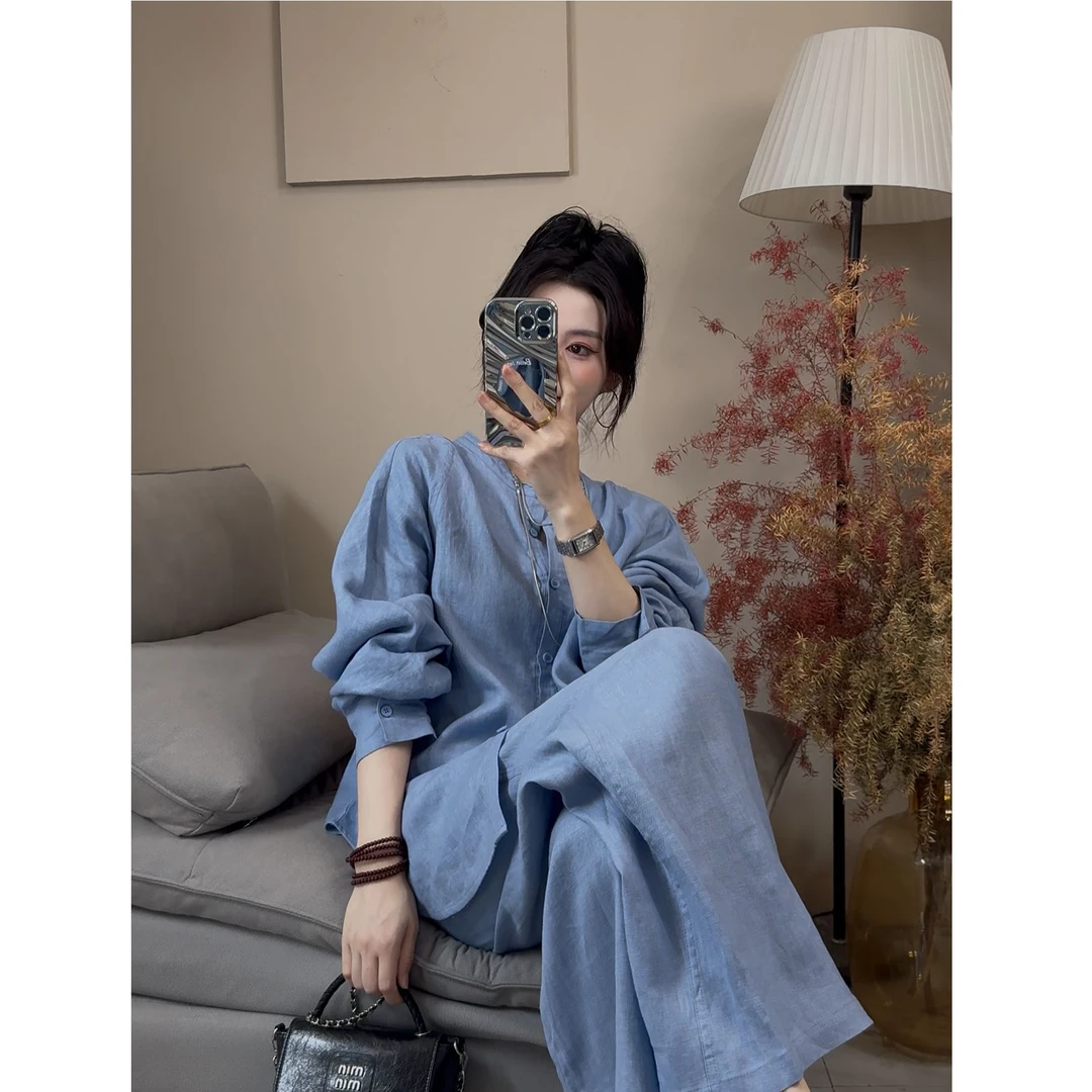 2025年夏季新款纯色高级感套装女简约遮肉上衣直通裤两件套