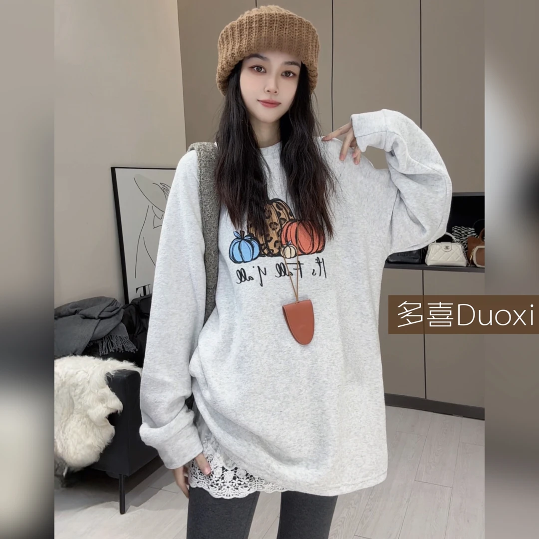 【Duoxi】"彩色南瓜"冬季新品 加绒保暖长袖圆领上衣宽松T恤G065#