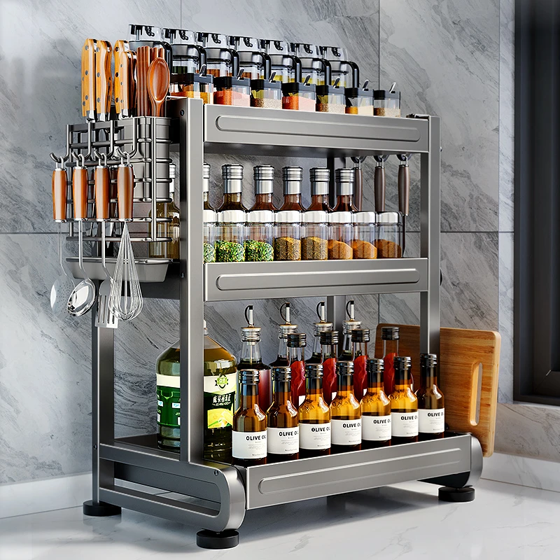 厨房调料置物架多功能调味收纳架盐调味罐收纳盒台面家用双层刀架