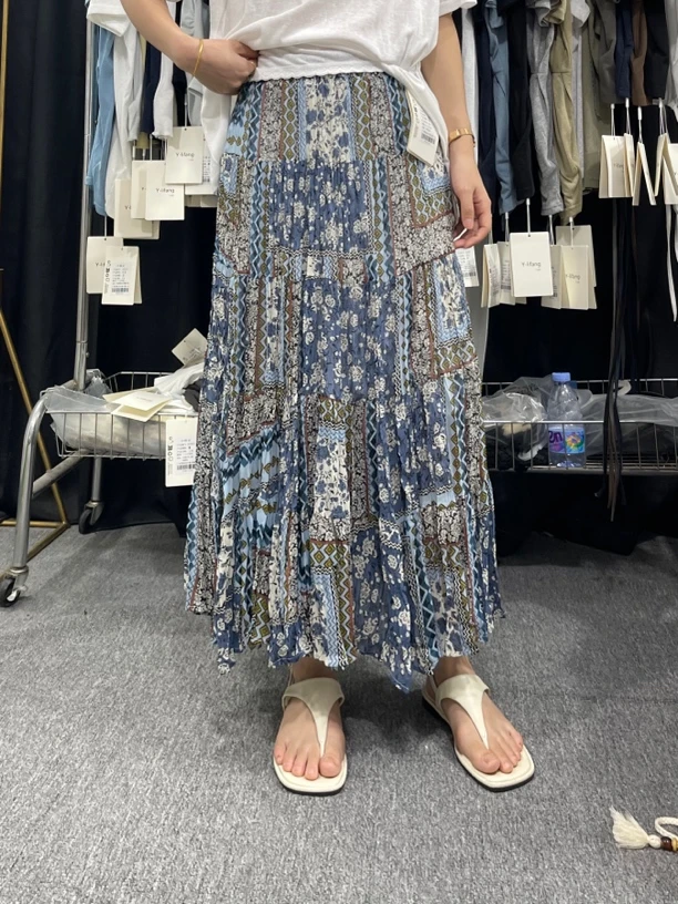 椰子#3575-1夏季福利高品质雪纺压褶半身长裙，裙长：82cm