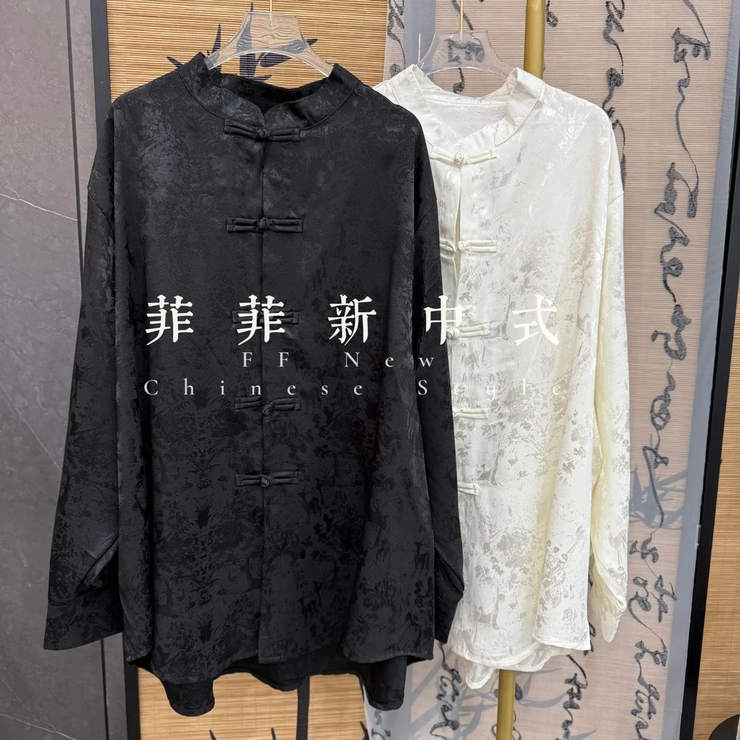 【缎面衬衫】新中式中国风缎面提花长袖微立领春季衬衫上衣