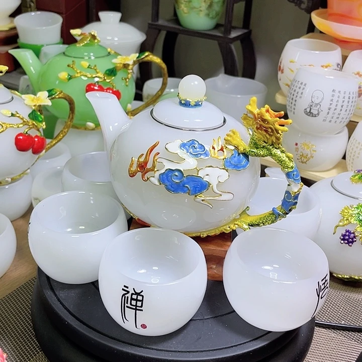 琉璃中式珐琅彩龙腾盛世一壶六杯礼盒套装