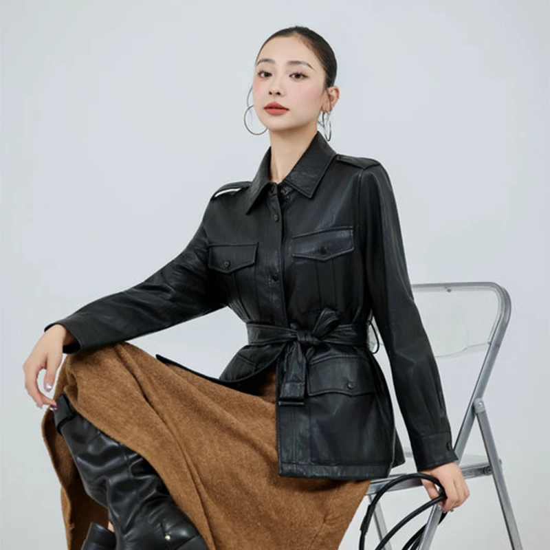 蓝海奕诺新款皮衣外套女款春秋季机车服夹克复古翻领腰带高级感
