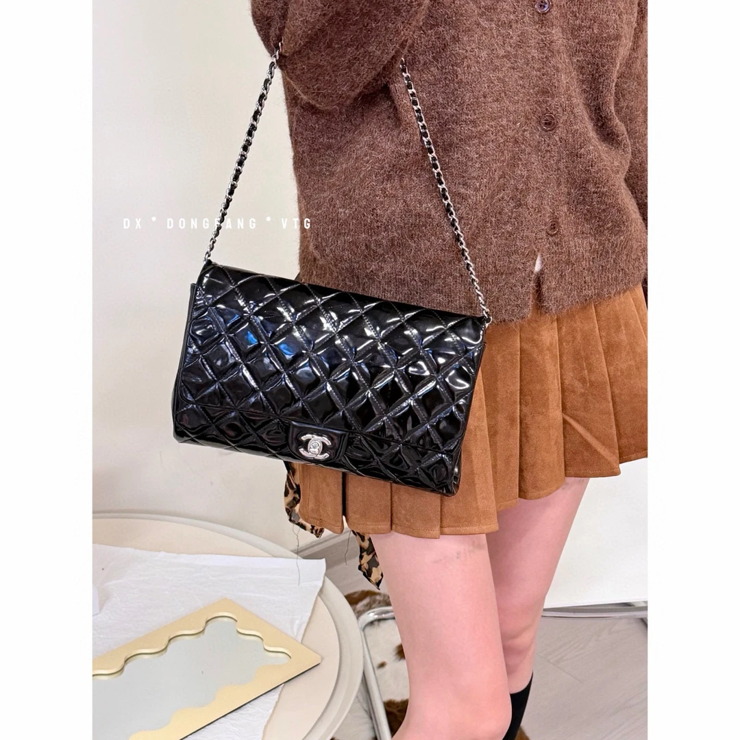 95新 Chanel/香奈儿 chanel 黑色漆皮cf单肩包