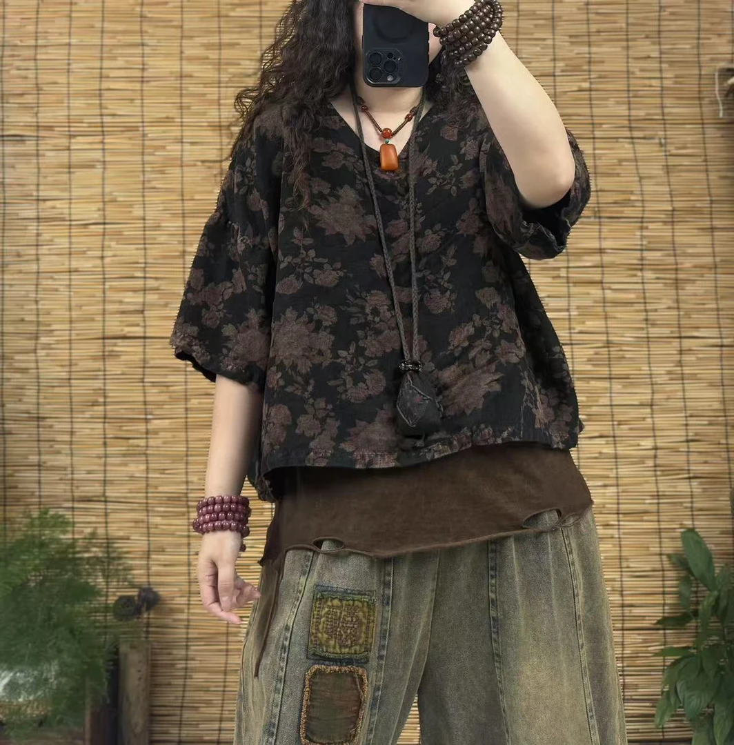 3360炒色数码印花亚麻单层上衣（长55左右，90-160斤）