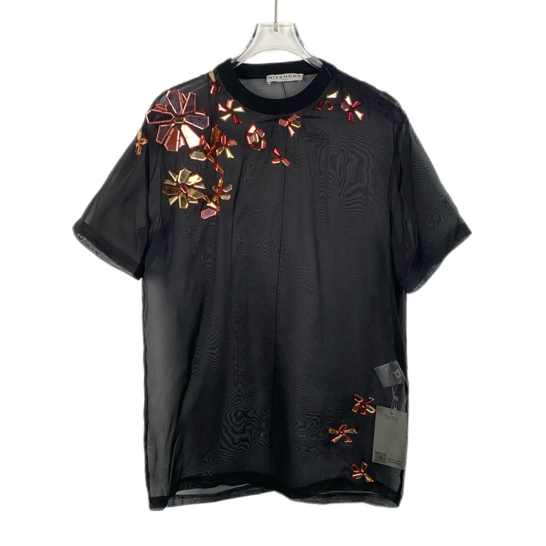 99新 Givenchy/纪梵希 H10961 黑色钻饰桑蚕丝短袖T恤 36 XS码