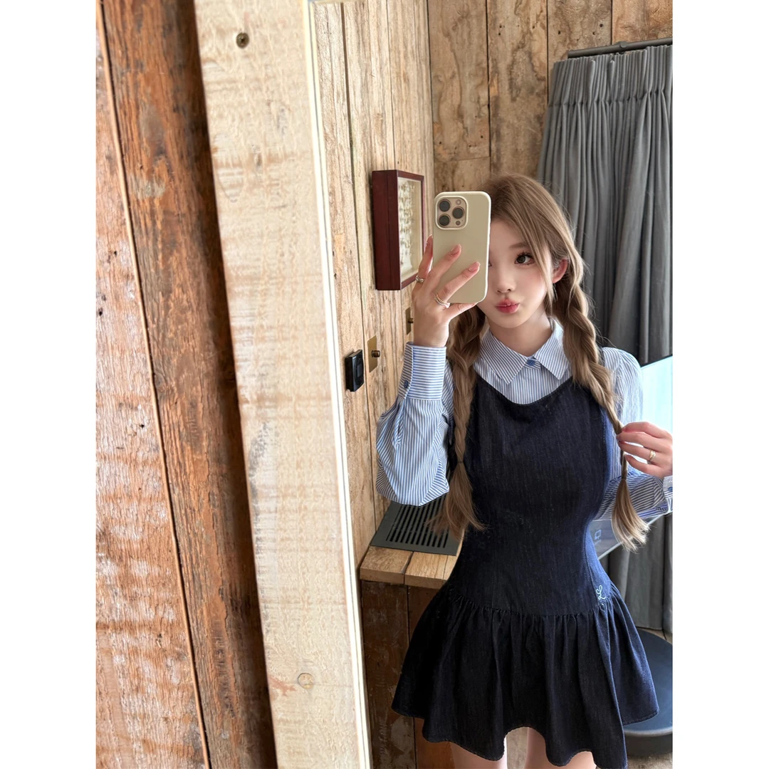 鬼马女高 学院风原色背心连衣裙条纹衬衫收腰显瘦内搭两件套套装