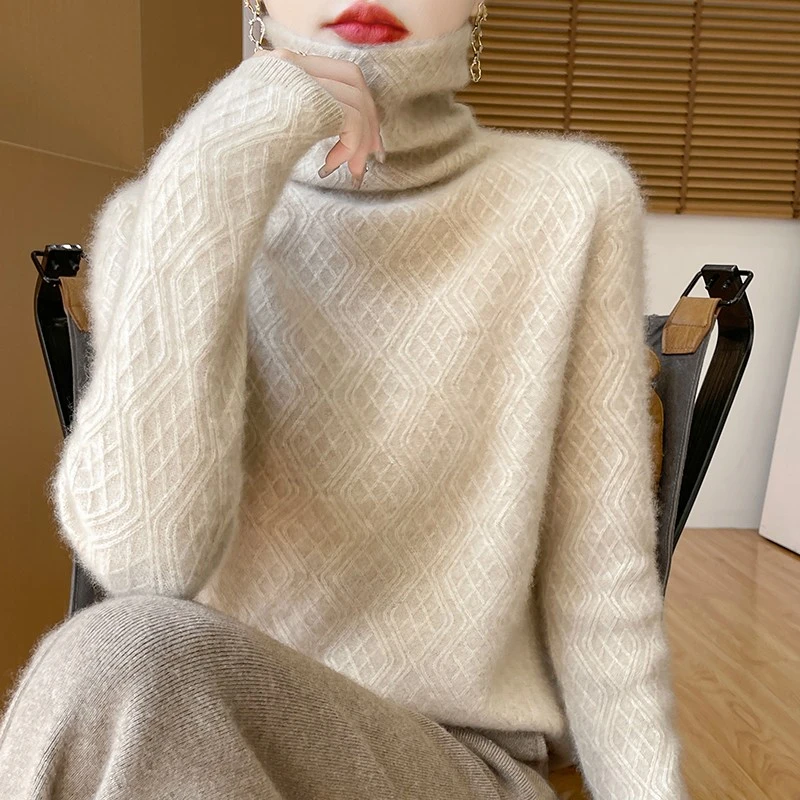 新款100%纯羊毛堆堆领毛衫女秋冬宽松针织打底显瘦毛衣百搭上衣