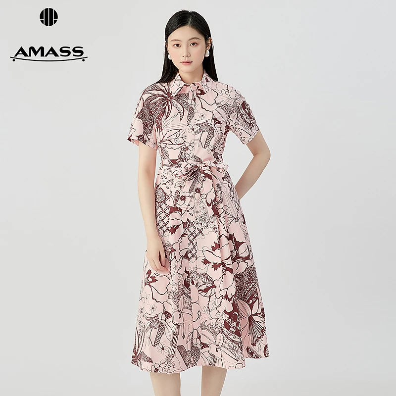 阿玛施AMASS 时尚长款连衣裙休闲棉质印花短袖洋装附腰带550052