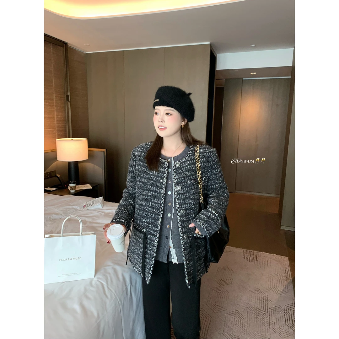 大婉酱微胖定制韩版绵羊毛小香风外套百搭夹棉正肩上衣 7273D