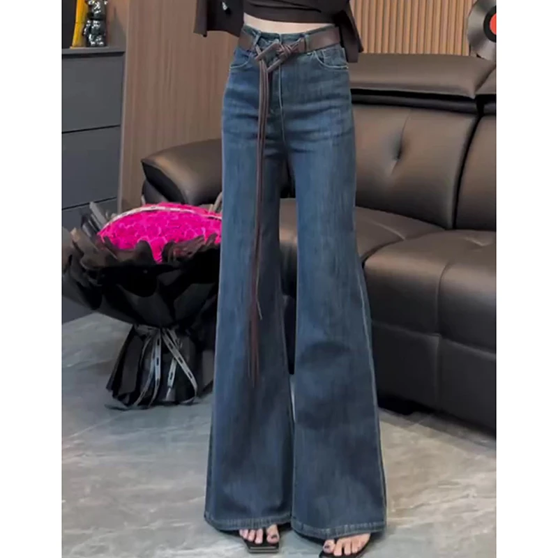 雪千羽蓝色微喇牛仔裤女2025新款秋冬高腰显瘦巨好看的垂感拖地裤