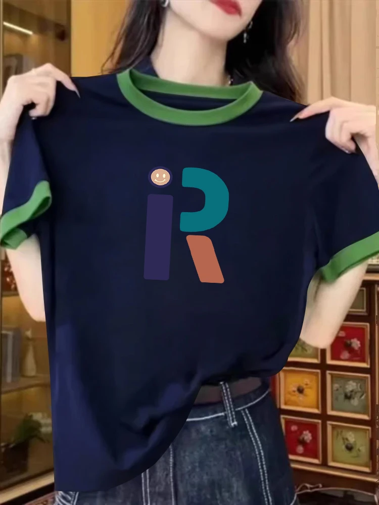 拼色夏季短袖欧货宽松时尚休闲圆领洋气百搭2025上衣打底t恤女装