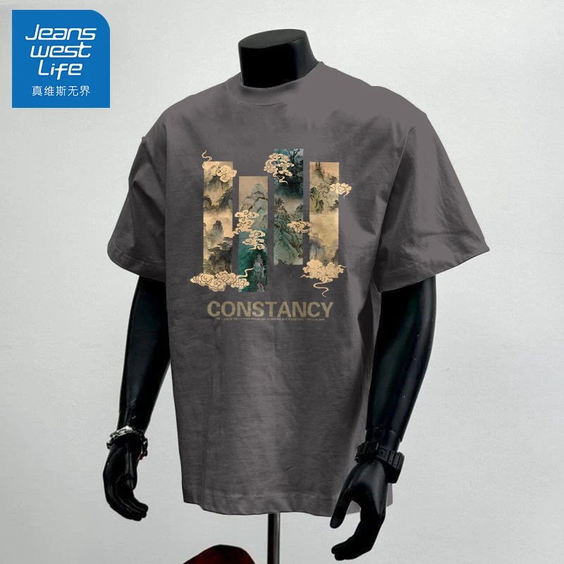 真维斯中国风t恤男短袖夏季2025新款新中式山水画纯棉男士体恤衫