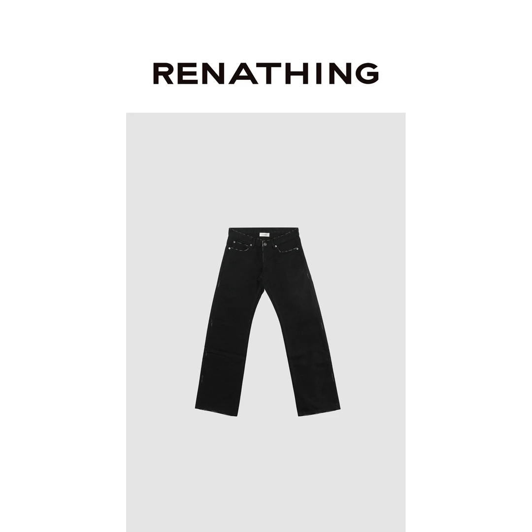 【RENATHING】简约黑色磨边小直筒牛仔裤