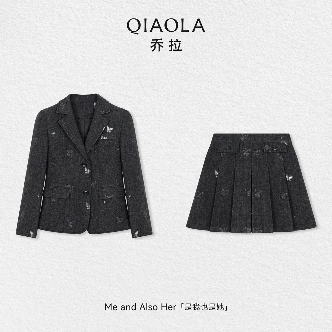 QIAOLA/乔拉【幕光铁塔】秋冬款格雷色系珠片绣花时尚修身时尚套装