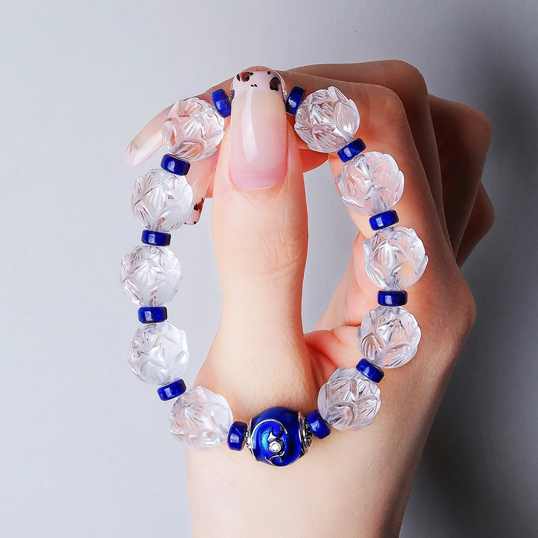 925银手链 大头姐S10953 蓝色六字真言桶珠雕刻莲花白水水手链