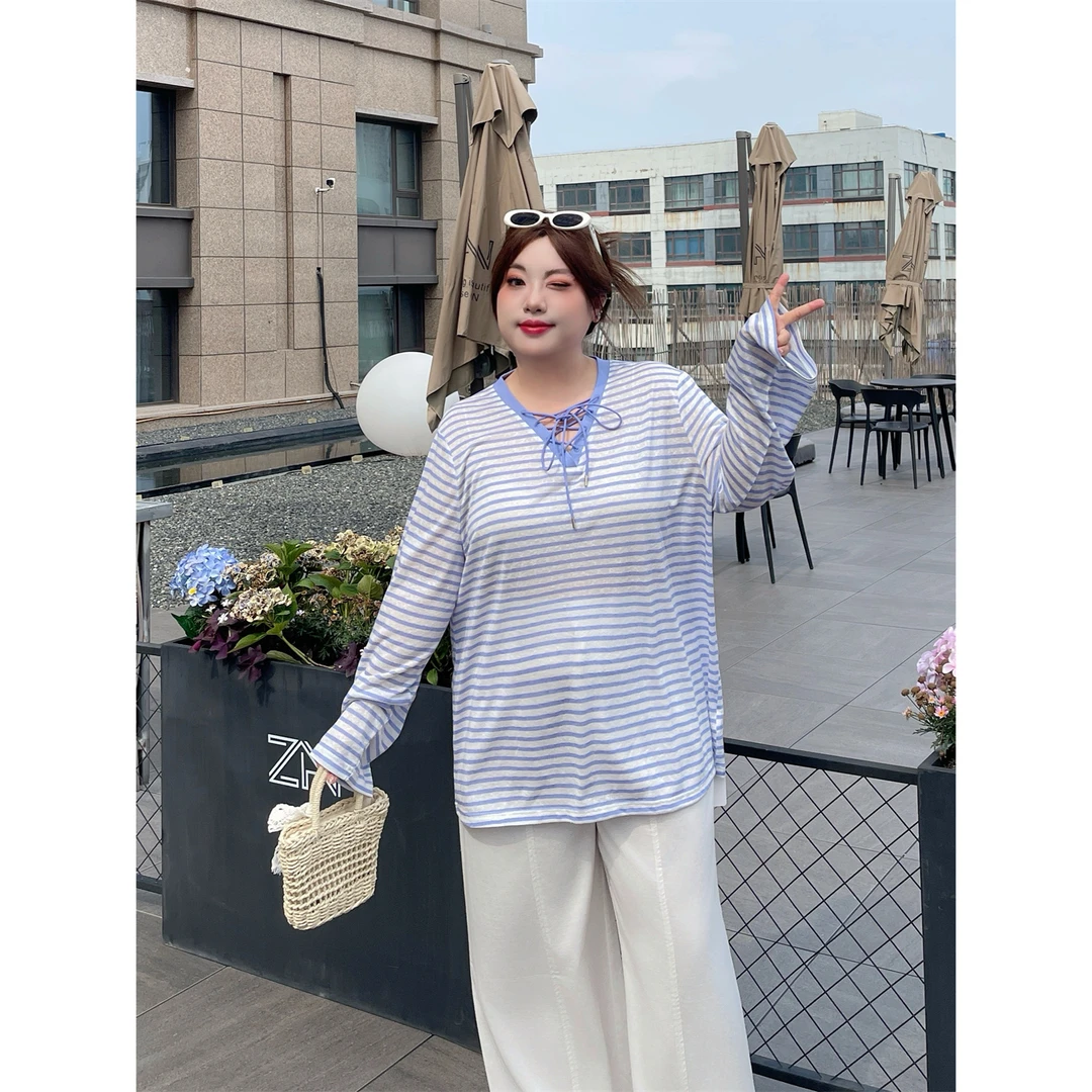 大码女装简约花契200斤胖mm简约款莱塞尔清爽条纹V领t恤衫15076