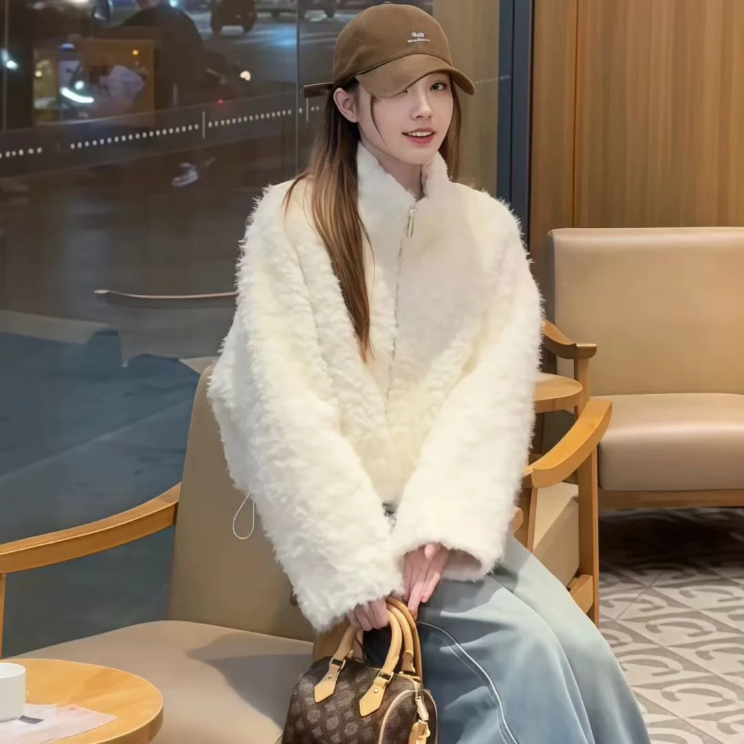 2025冬季新款韩系立领加厚短款仿羊羔毛皮毛一体外套女