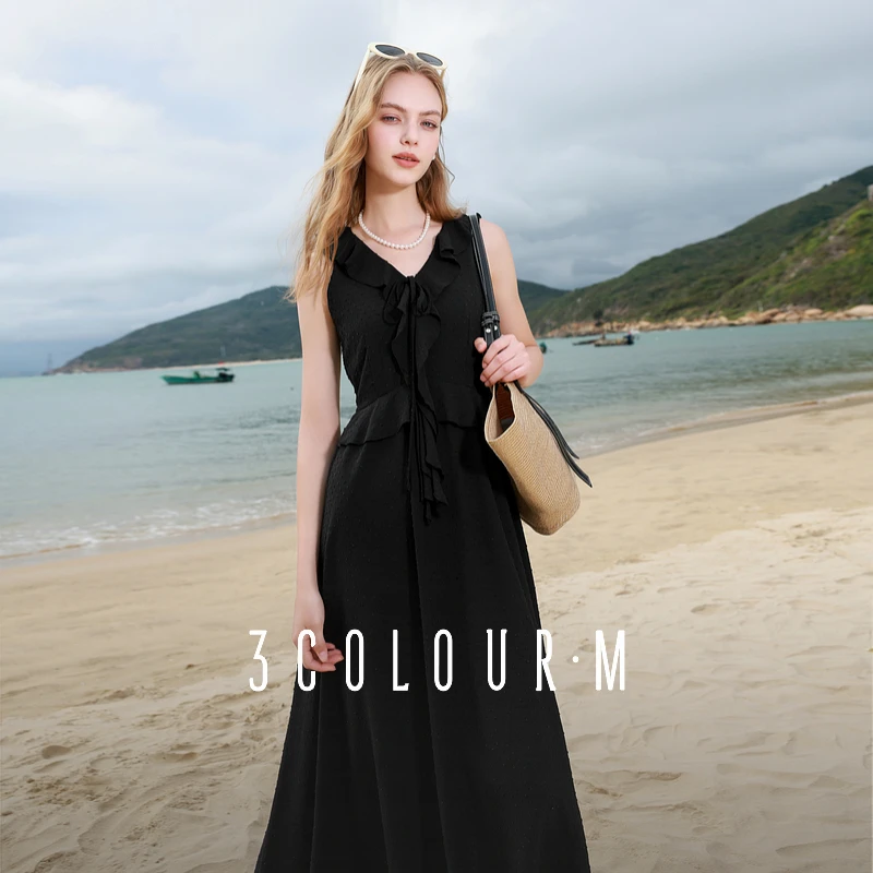 三彩2025夏季新款剪花荷叶边V领无袖连衣裙收腰A字裙长裙度假女M