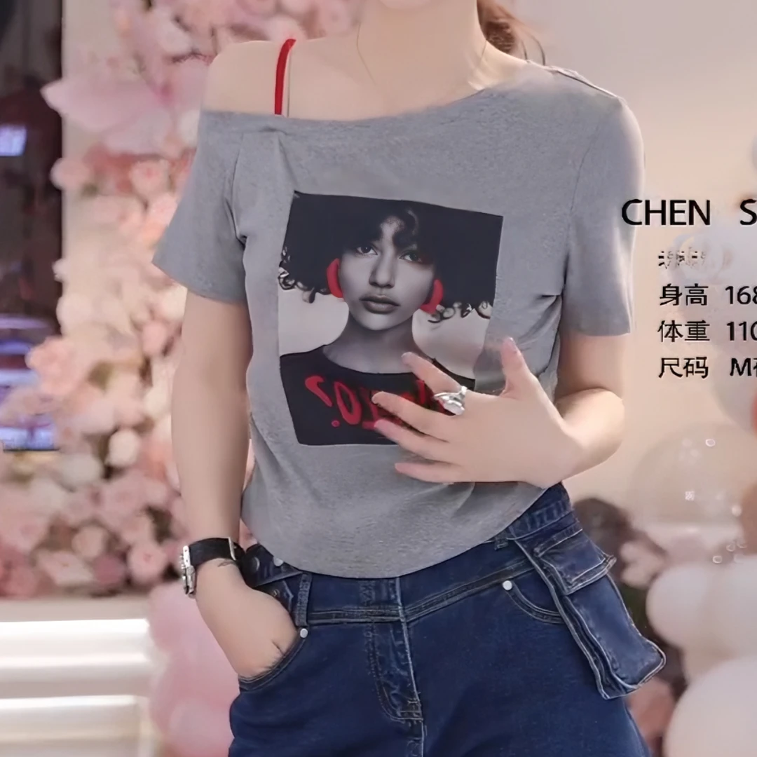 2025新款夏日欧美女孩印花斜肩美式短袖T恤女修身显瘦时尚上衣潮