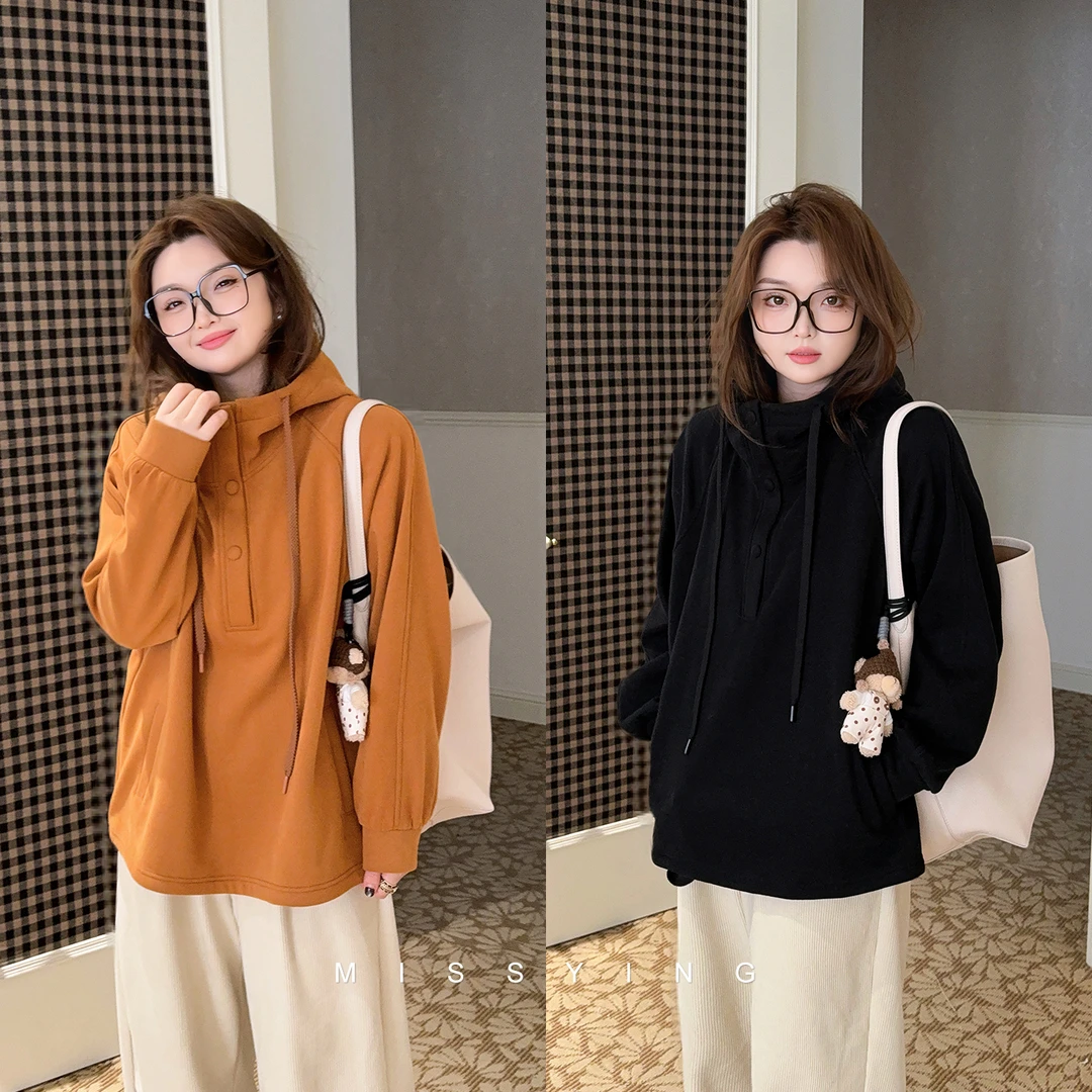 应小姐【诺丁汉】微胖大码冬季加绒舒适显瘦洋气百搭抽绳连帽卫衣