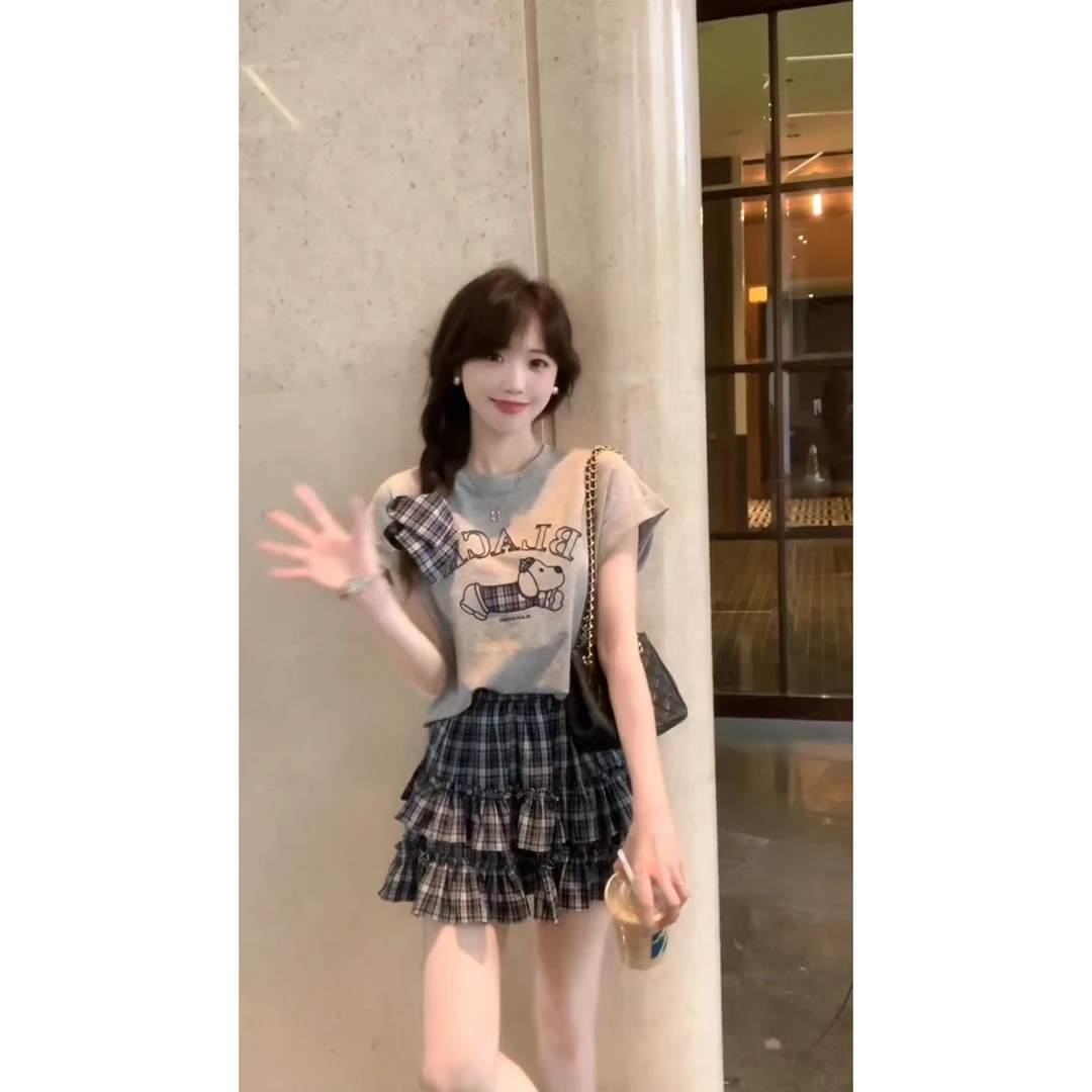 韩版卡通小狗印花字母T恤短袖圆领格子半身裙短裙两件套装女夏季