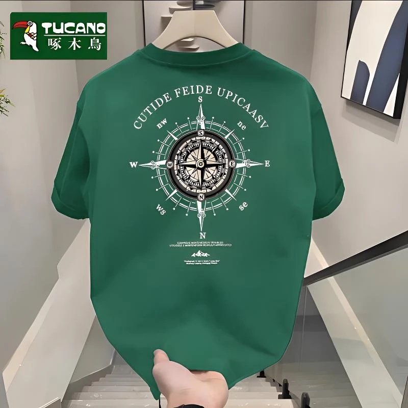 啄木鸟重磅纯棉短袖t恤男夏季2025年新款美式印花体恤百搭宽松T恤