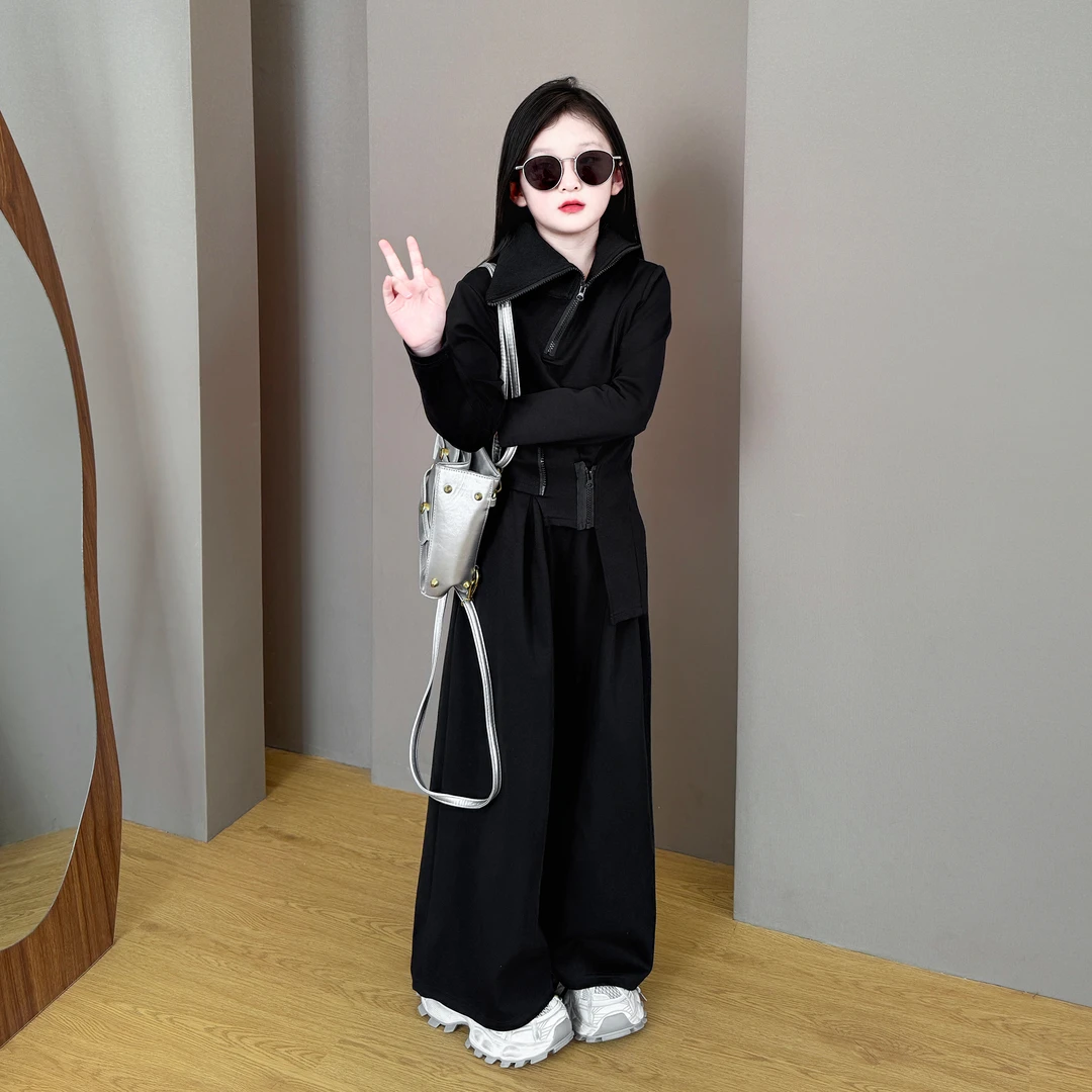 女童2025新款中大童韩版洋气春秋季休闲拉链设计宽松阔腿裤套装潮