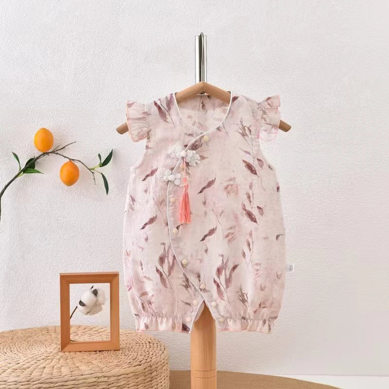 轻薄款夏季飞袖新中式旗袍哈衣连体衣儿童宝宝夏款印花婴童包屁衣